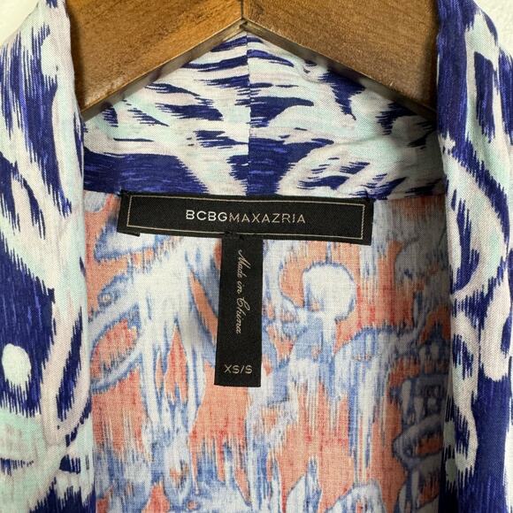 BCBGMaxazria | Tildie XS/S Blue Orange Ikat Print Oversized Open Kimono Cardigan - Picture 10 of 12